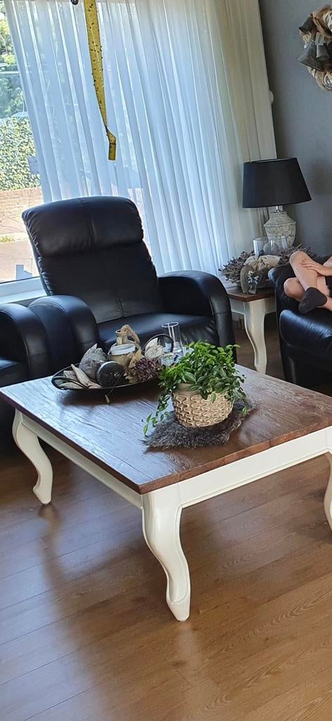 Salontafel van teakhout met witte poten, Huis en Inrichting, Tafels | Salontafels, Gebruikt, 100 tot 150 cm, Teakhout, Rechthoekig