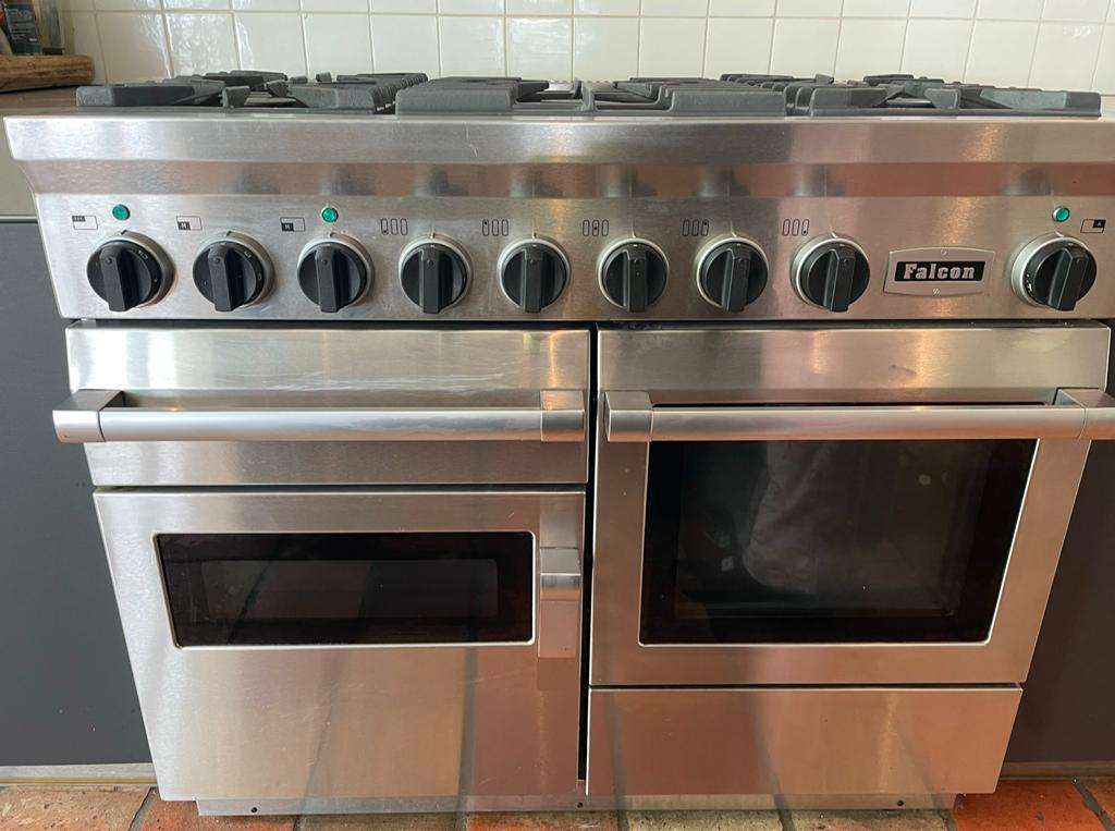 Falcon gasfornuis 110cm RVS met dubbele oven, Ophalen, Gebruikt, Warmhoudplaat, 60 cm of meer