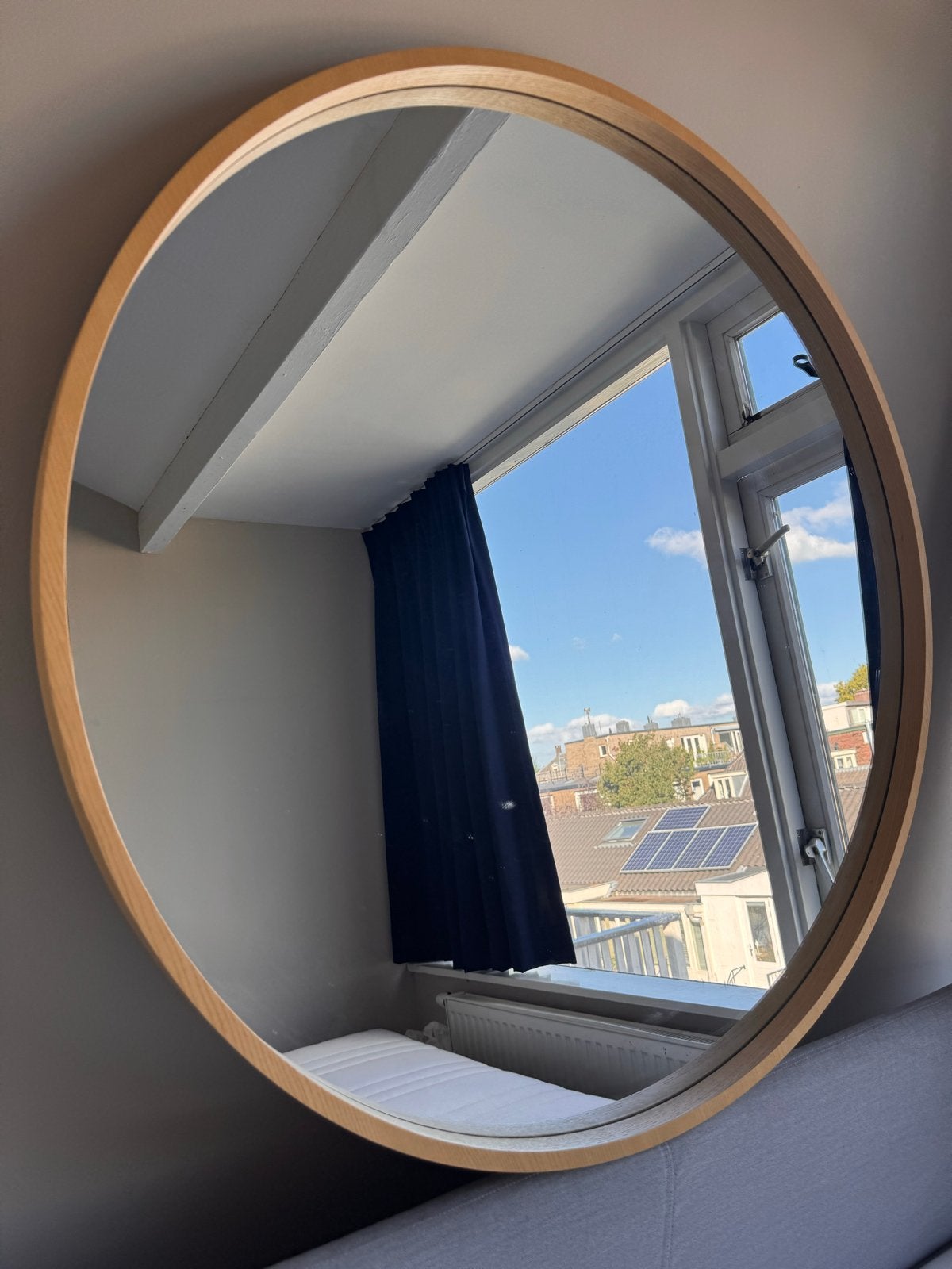 Houten spiegel van Made - 1 meter diameter, Ophalen, Rond, Zo goed als nieuw, 75 tot 100 cm