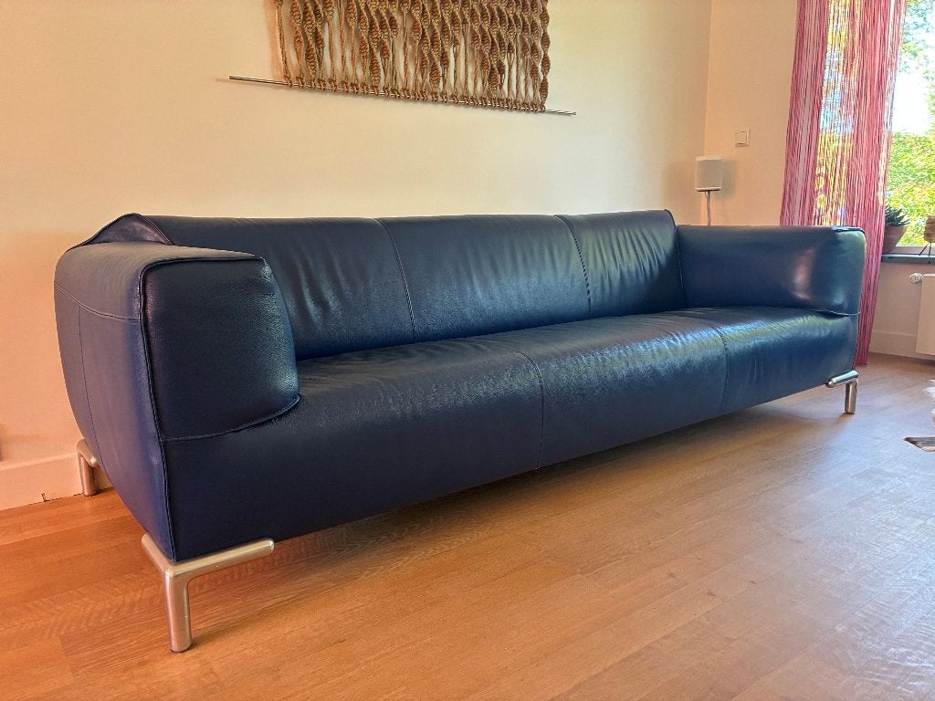 Bert Plantagie Monty 3-zitsbank en chaise longue blauw leer, Ophalen, 250 tot 300 cm, 75 tot 100 cm, Zo goed als nieuw