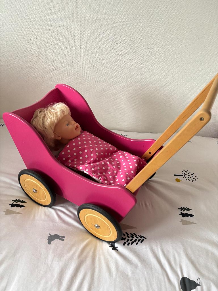 Poppenwagen van hout, roze, Kinderen en Baby's, Speelgoed | Poppen, Gebruikt, Overige typen, Ophalen