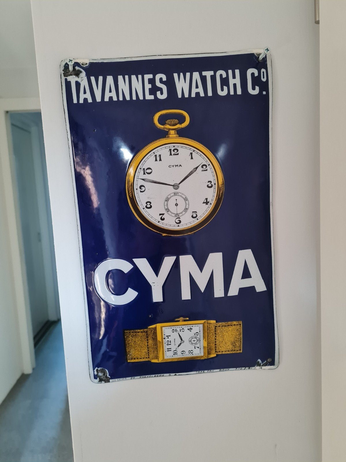 tavannnes watches origineel uit 1928 emaille bord, Ophalen of Verzenden, Gebruikt, Reclamebord