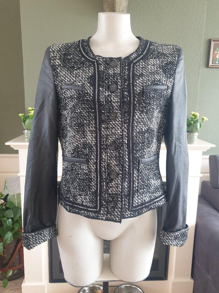 Scarva schitterend zwart wit tweed jasje met leer look M 40, Maat 38/40 (M), Verzenden, Scarva, Zwart