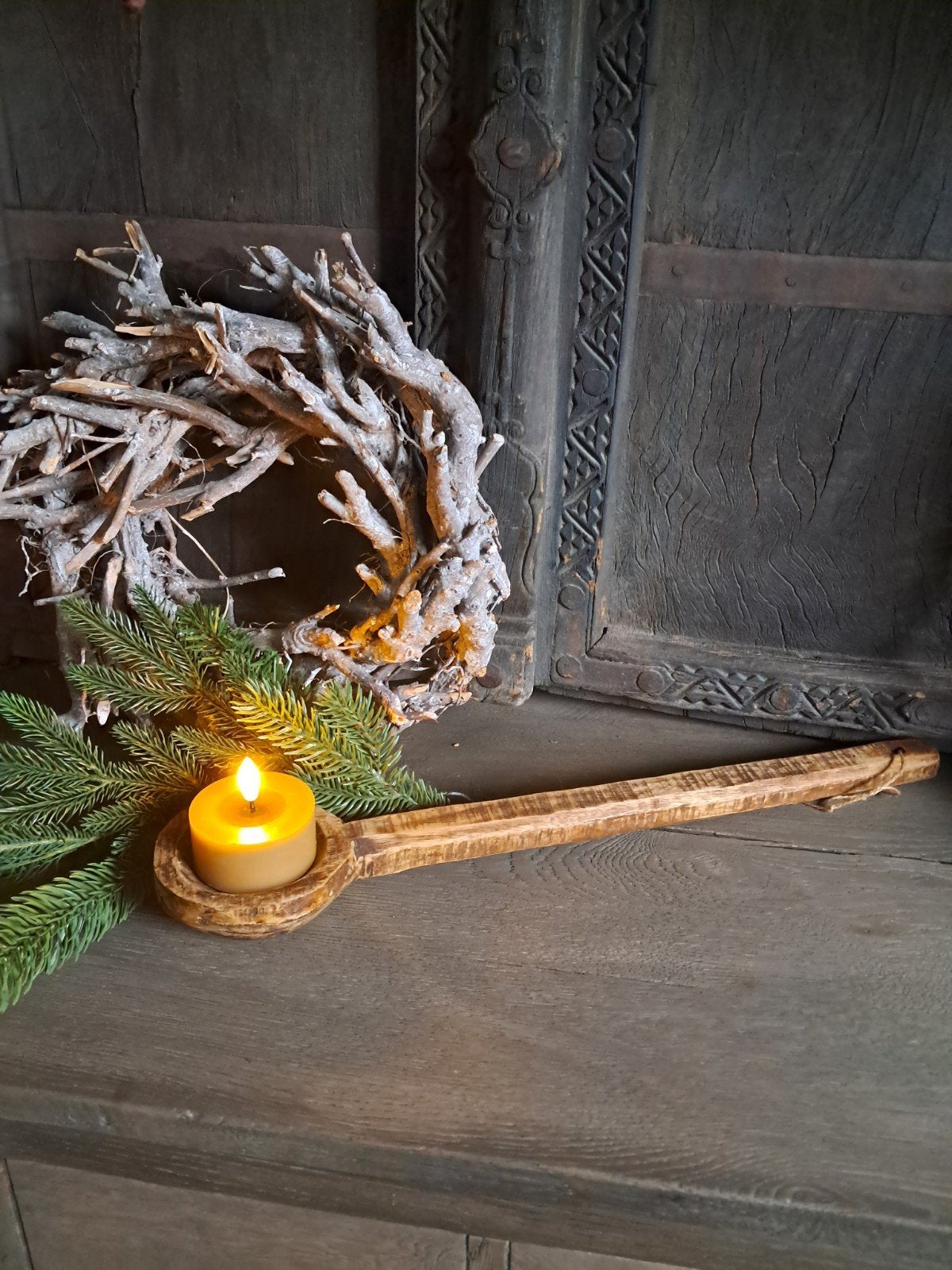 Houten Nepalese Lepel Kandelaar - Stoer & Rustiek, Huis en Inrichting, Hout, Gebruikt, Ophalen of Verzenden, Landelijk