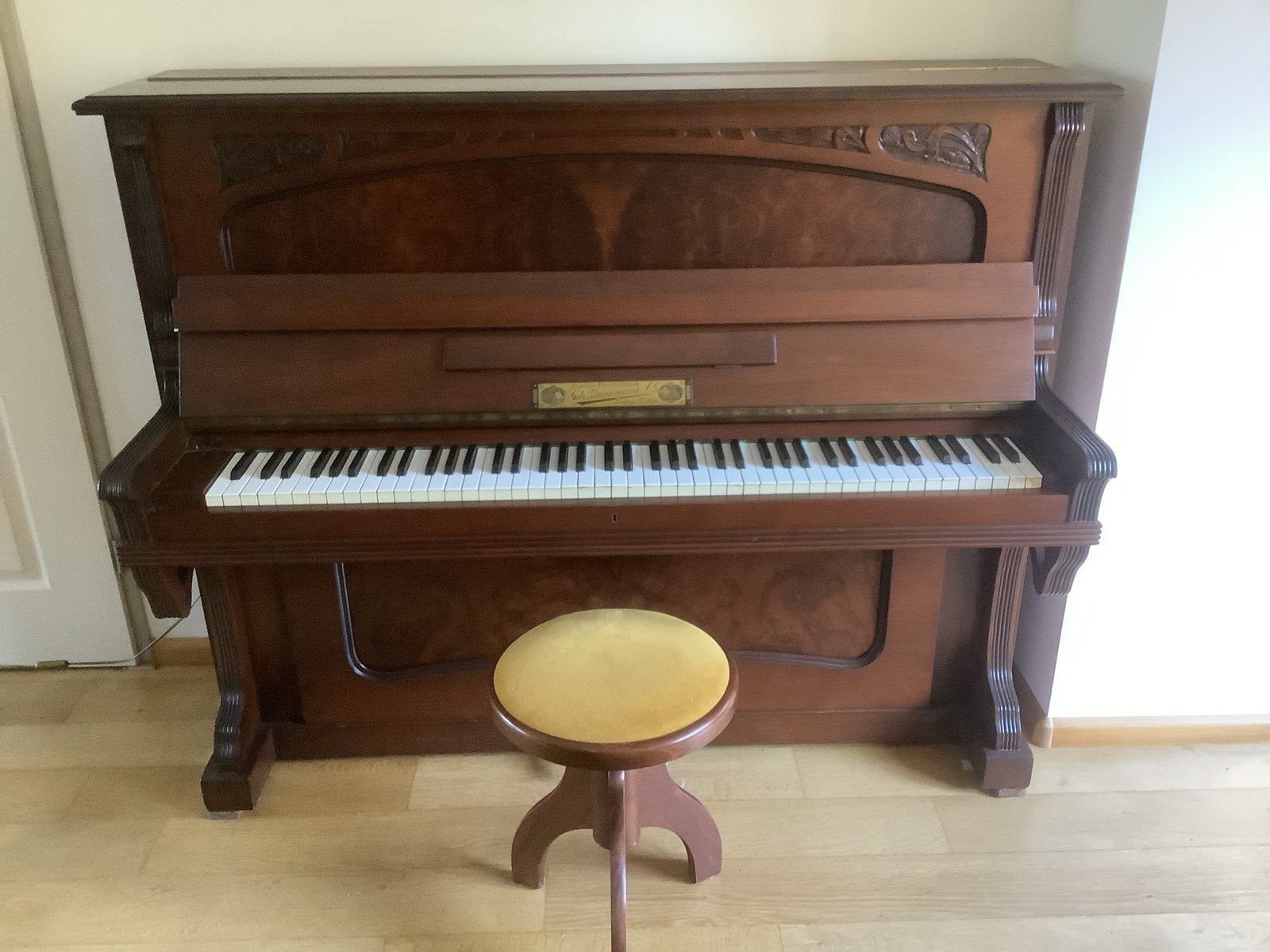 Zimmermann piano met kruk in goede staat, Ophalen, Gebruikt, Bruin, Piano