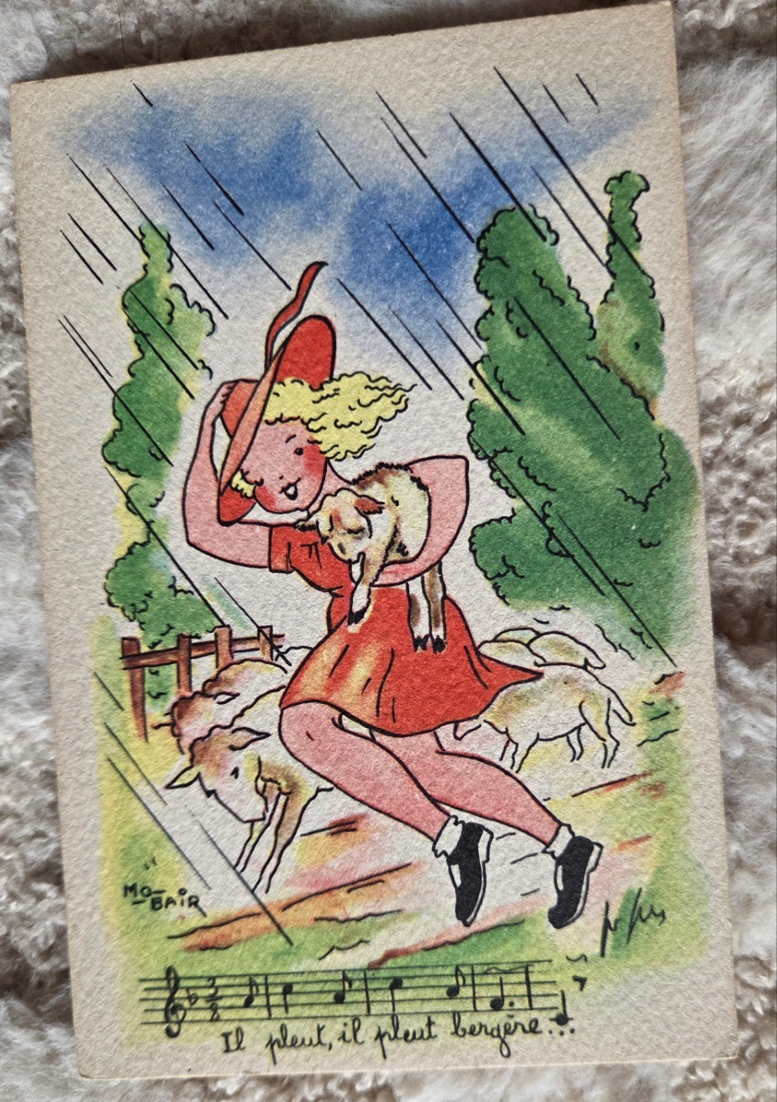 Vintage Franse Ansichtkaart - Herderin in de regen, Verzenden, 1940 tot 1960, Ongelopen, Kinderen