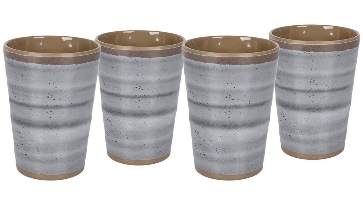 50 % korting Set van 4 melamine Halo Bo Camp bekers - beton, Ophalen of Verzenden, Zo goed als nieuw, Keramiek, Overige typen