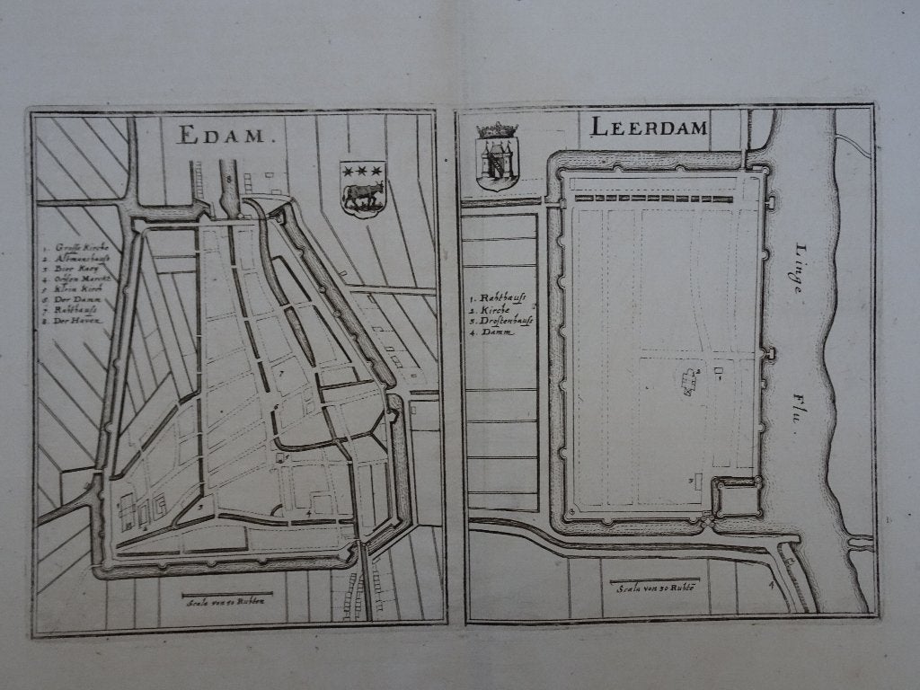 gravure plattegrond Edam en Leerdam, Caspar Merian, 1670, Cartografie, Gravure, Origineel, 1600 - 1699