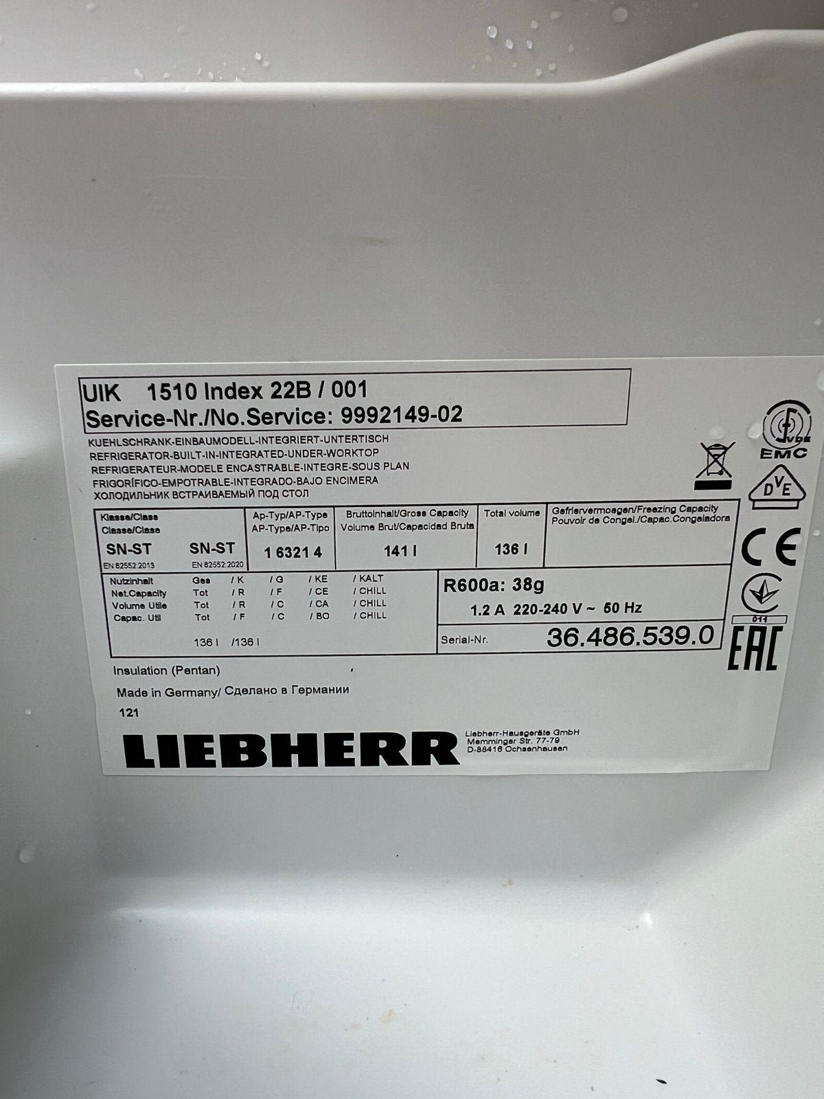 Liebherr UIK 1510 Index 22B / 001 Koelkast - Zo goed als nie, Zonder vriesvak, 100 tot 150 liter, Zo goed als nieuw, Energieklasse A of zuiniger