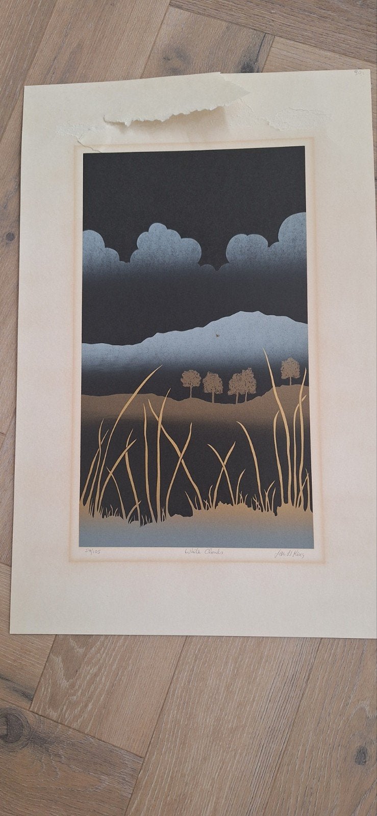 Gesigneerde zeefdruk 'White Clouds' van Ian W King, 1950 - 1999, Ophalen of Verzenden, Landschap, Zeefdruk