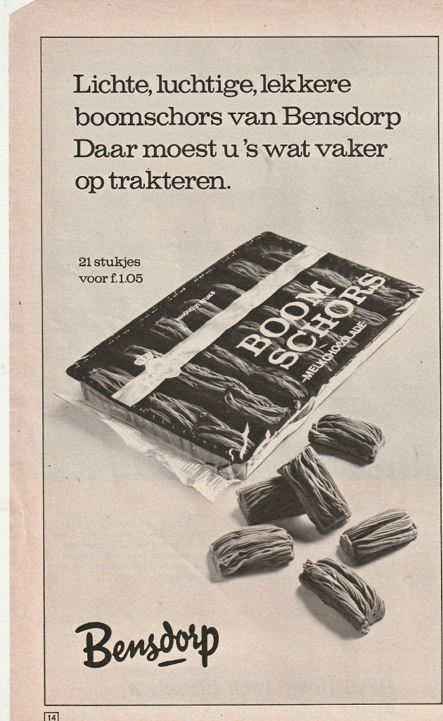 retro reclame 1971 Bensdorp chocolade lekkere boomschors, Verzenden, Overige typen