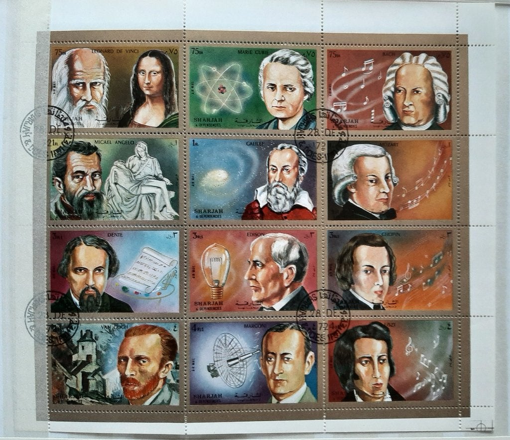 1 Postzegelvel Sharjah1972 Beroemde personen Gestempeld, Postzegels en Munten, Ophalen, Gestempeld, Midden-Oosten