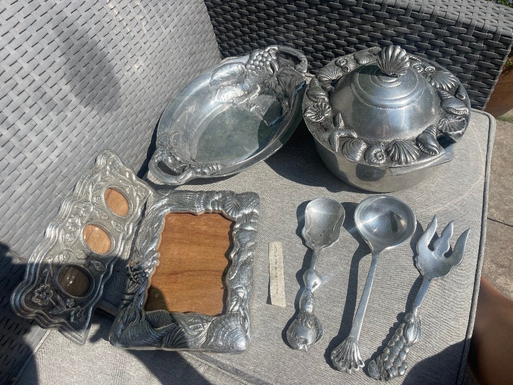 Handgemaakte Mexicaanse Tinnen Serveerset ( Betty Barrena ), Ophalen of Verzenden