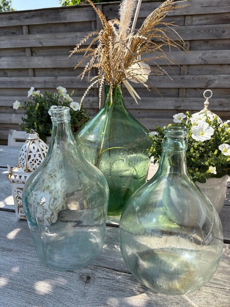 Brocante gistflessen - ballon vaas - groen geblazen glas, Ophalen of Verzenden