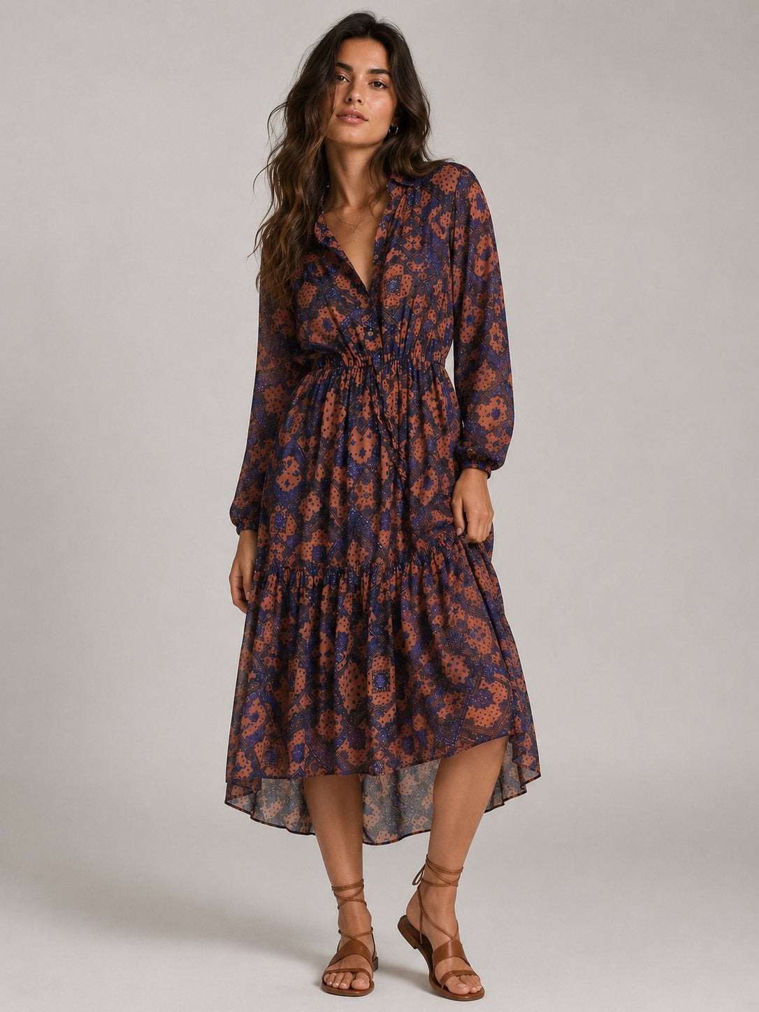 Licht Viscose Jurk met Print - Made in Italy, Kleding | Dames, Maat 38/40 (M), Bruin, Ophalen of Verzenden, Zo goed als nieuw