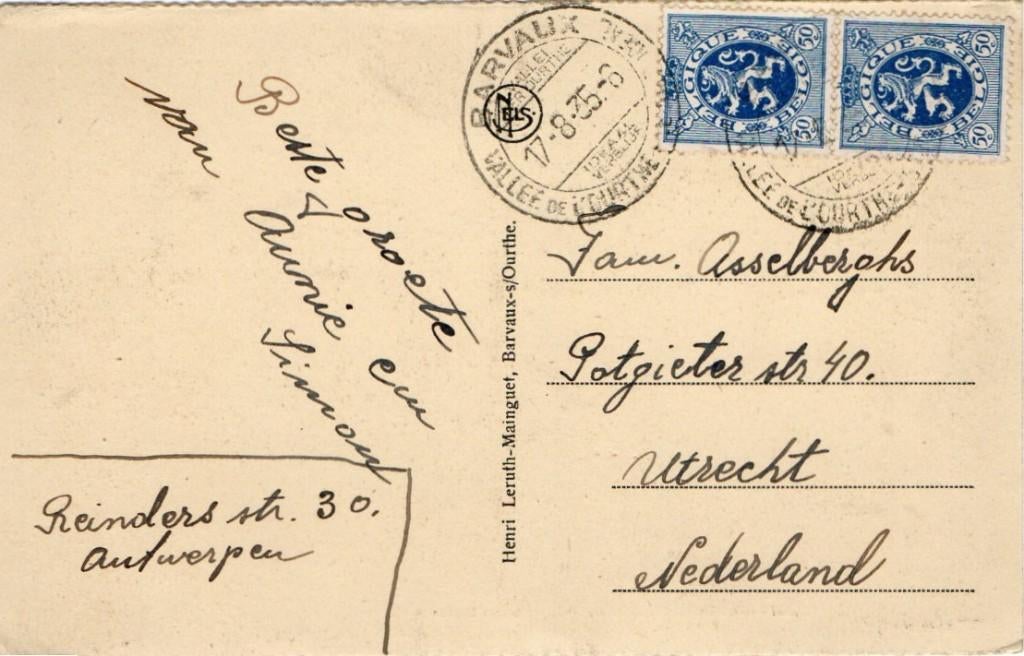 TW142 Asselberghs Utrecht 1935 Belgie zegel stempels, Verzamelen, Ansichtkaarten | Themakaarten, Verzenden, 1920 tot 1940, Gelopen