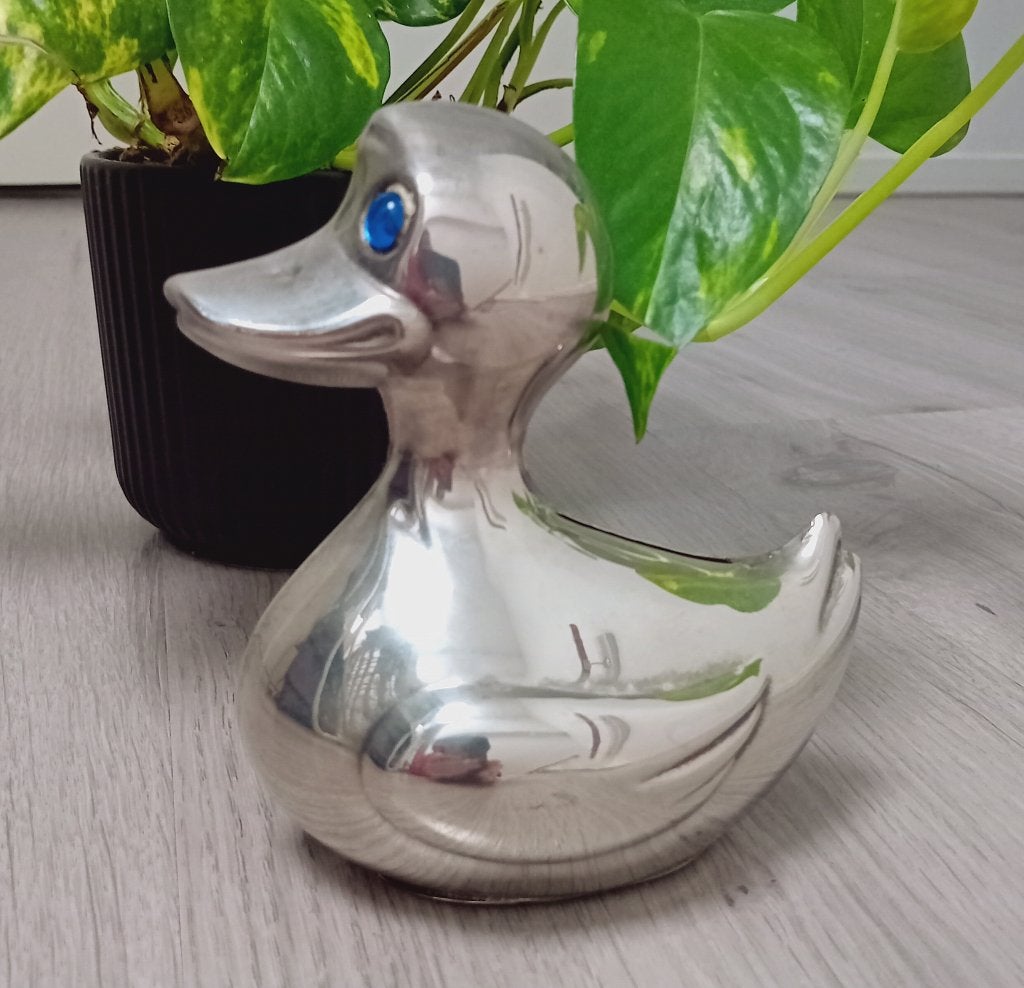 e,p. brass verzilverde spaarpot eend, Verzenden, Zo goed als nieuw, Metaal of Blik, Dier