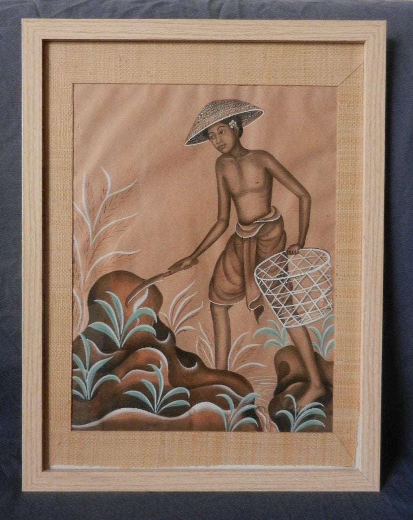 Aquarel Man met kapmes en mand Bali Indonesie hxb 31,6x24 cm, Ophalen of Verzenden, Tekening, Aquarel, Handgemaakt