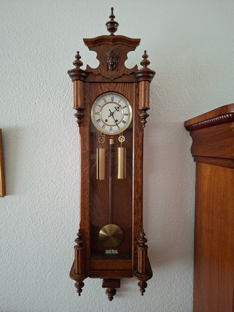 Regulateur wandklok, Ophalen, Wandklok, Met gewichten, Bruin