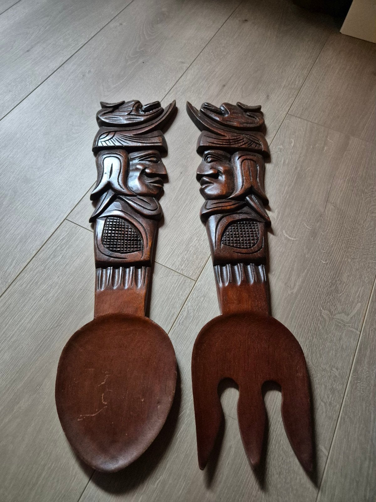 Decoratieve houten lepel en vork set - Afrikaanse stijl, Antiek en Kunst, Ophalen