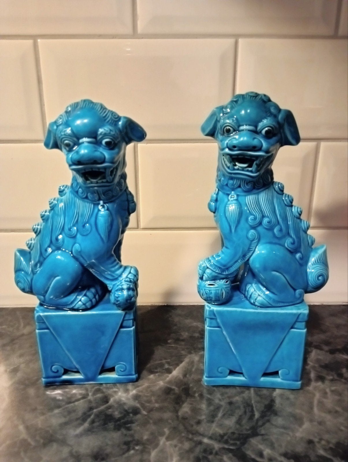 Set van 2 turquoise Chinese kleur Foo Dogs / Tempelleeuwen, Ophalen
