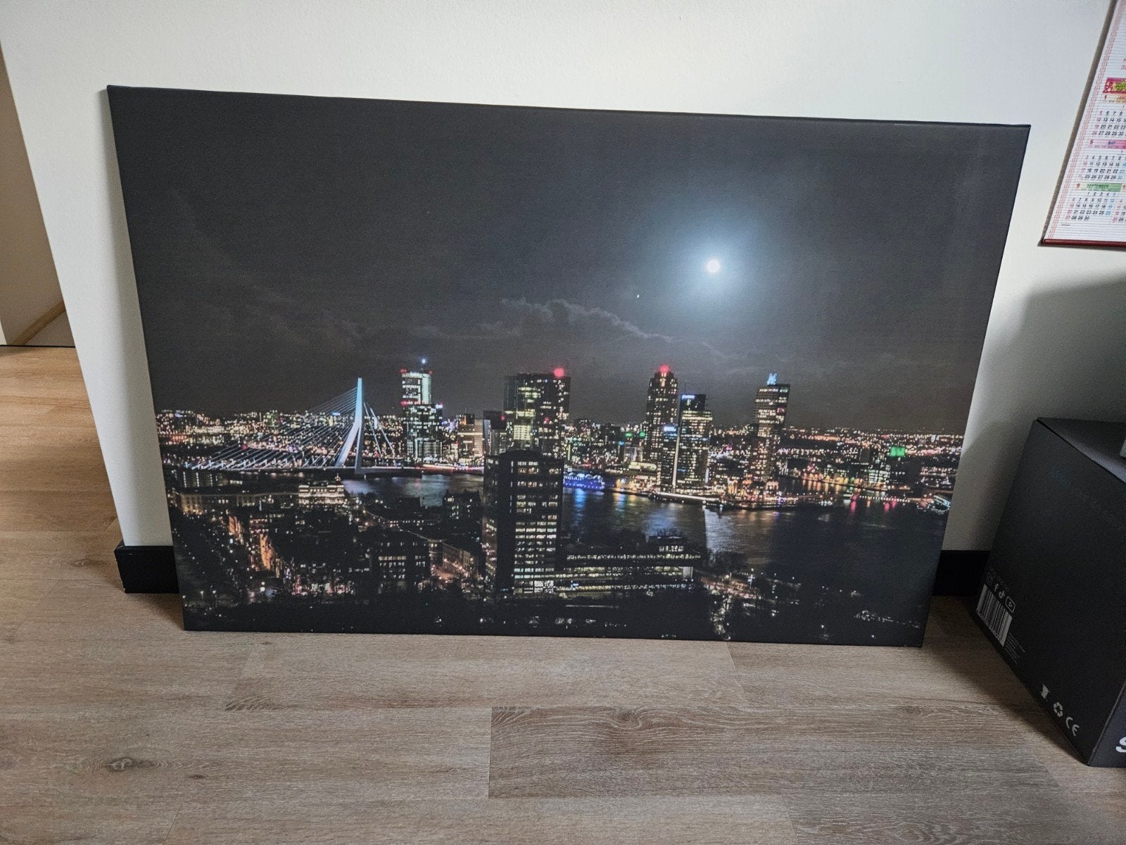 Canvas schilderij skyline Rotterdam bij maanlicht, Ophalen, 125 cm of meer, 75 – 100, Print