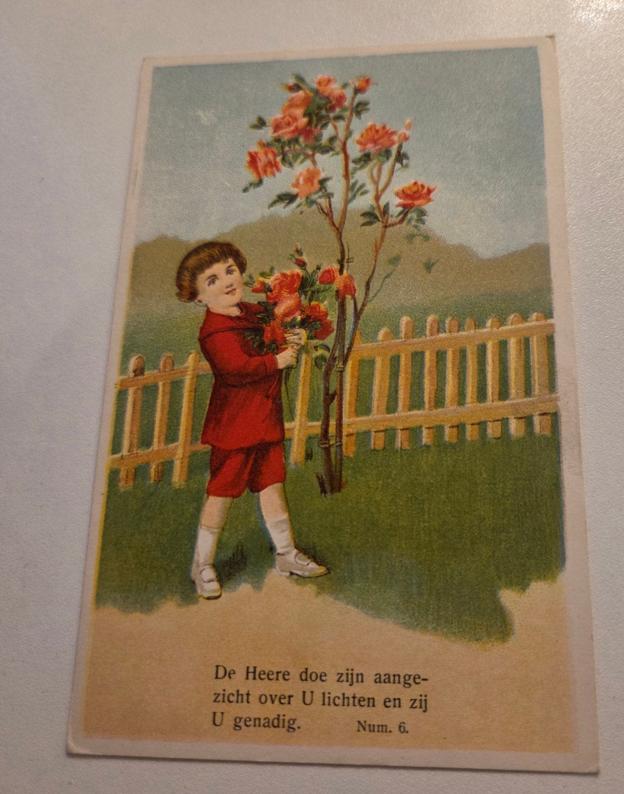 Jongen met bos bloemen - met religieus versje, Verzenden, 1940 tot 1960, Ongelopen, Kinderen
