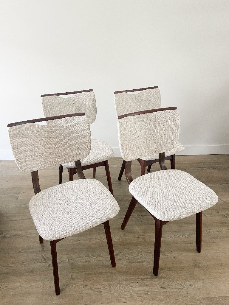 Set 4 vintage houten eetkamerstoelen | Volledig herstoffeerd, Huis en Inrichting, Stoelen, Zo goed als nieuw, Vier, Bruin, Ophalen