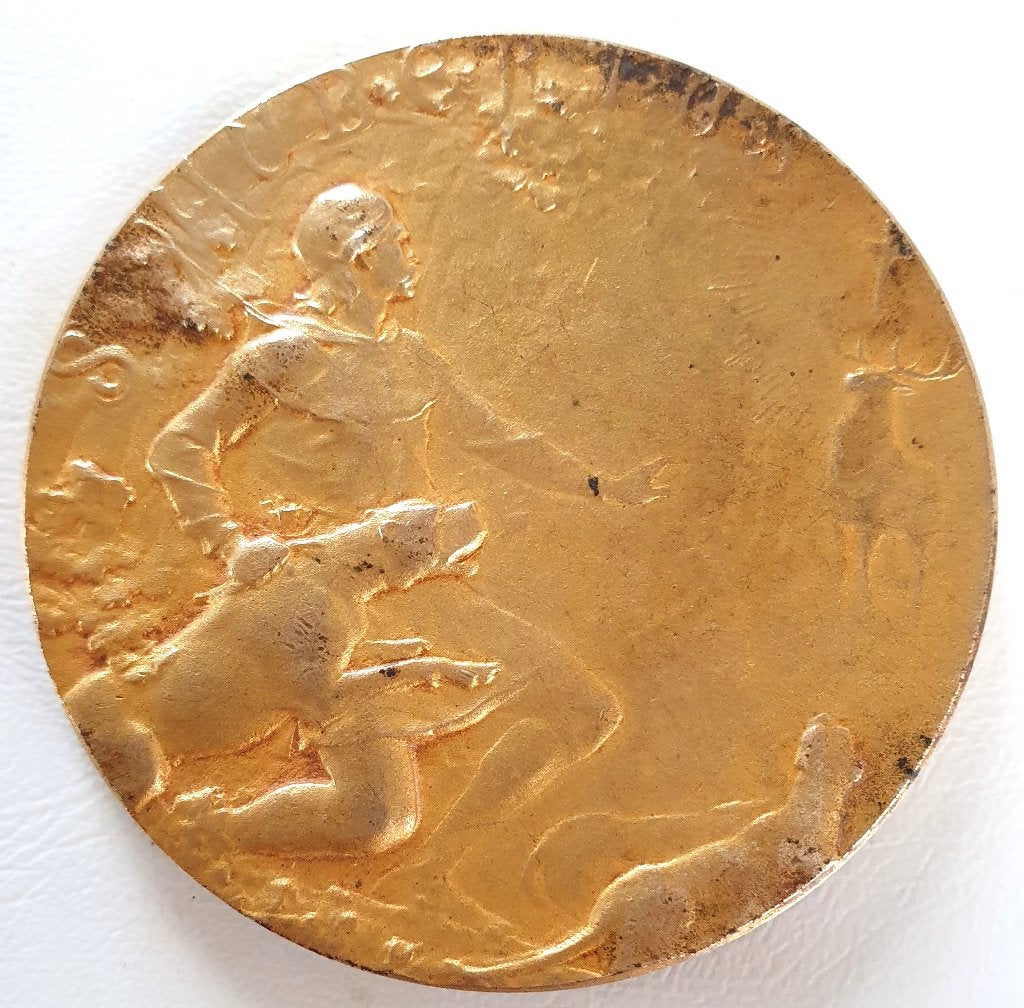 Prachtige Franse medaille Sint Hubertus hond hert jacht 1922, Ophalen of Verzenden, Brons, Buitenland