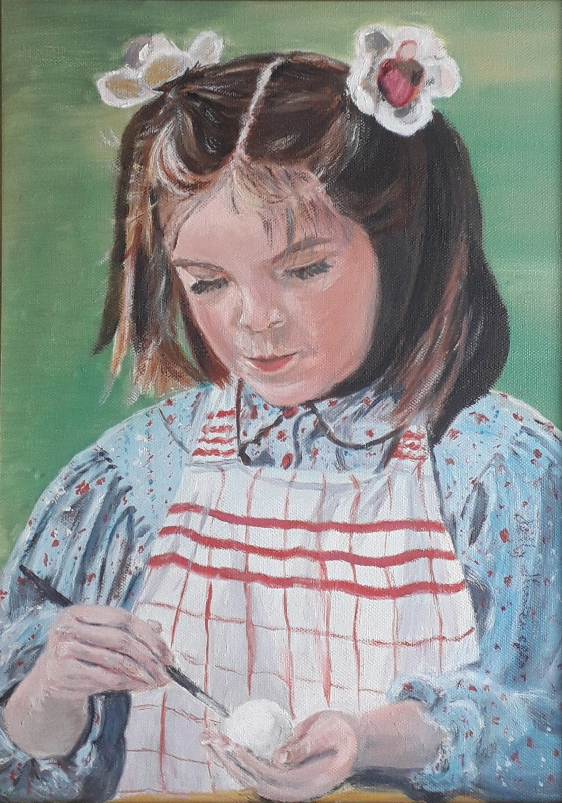 MEISJE IS AAN HET SCHILDEREN🖌️EITJE🥚LEUK PORTRET KIND, Antiek en Kunst, Doek, Portret of Personen, Realistisch, Ophalen of Verzenden