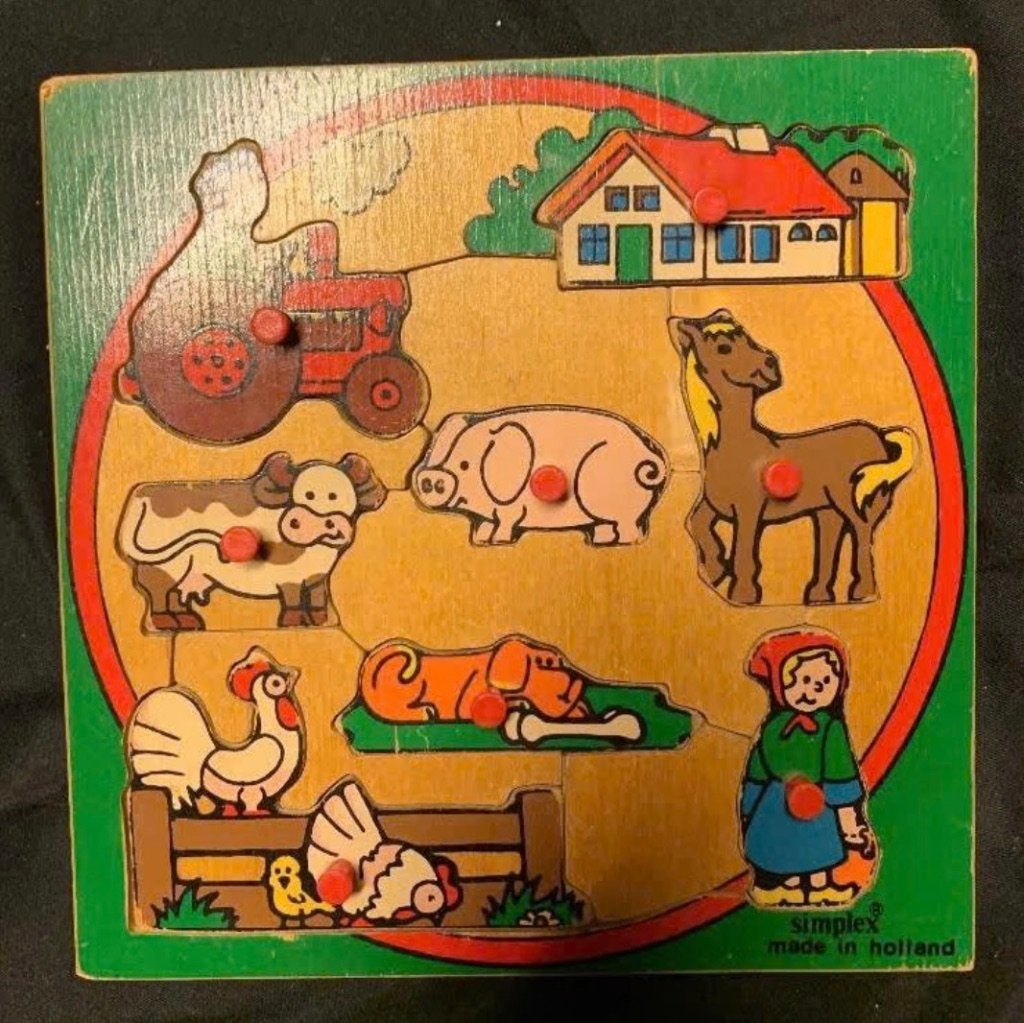Houten kinderpuzzel, puzzel van boerderijdieren, boerderij, Ophalen of Verzenden, Minder dan 10 stukjes, Zo goed als nieuw, Van hout