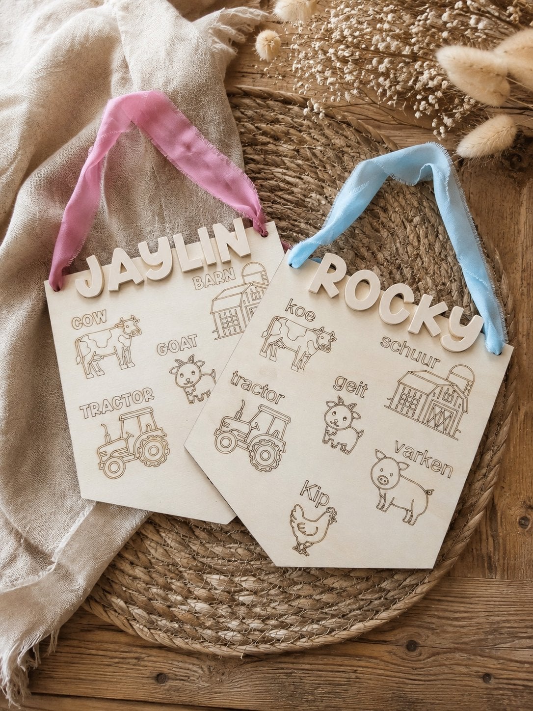 Gepersonaliseerd houten bord met boerderijdieren - Jaylin, Ophalen of Verzenden, Nieuw, Taal en Lezen