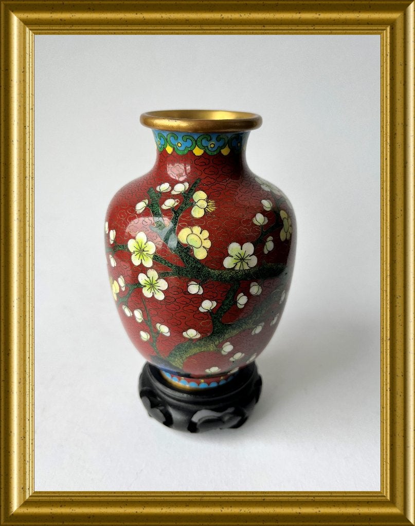 Mooi cloisonne vaasje, bloesem, vogel, Ophalen of Verzenden