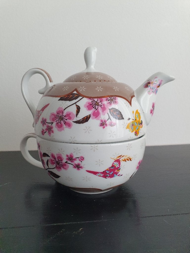 Theepot Theepotje met kopje NIEUW roze wit eenpersoons, Verzenden, Nieuw, Aardewerk, Theepot