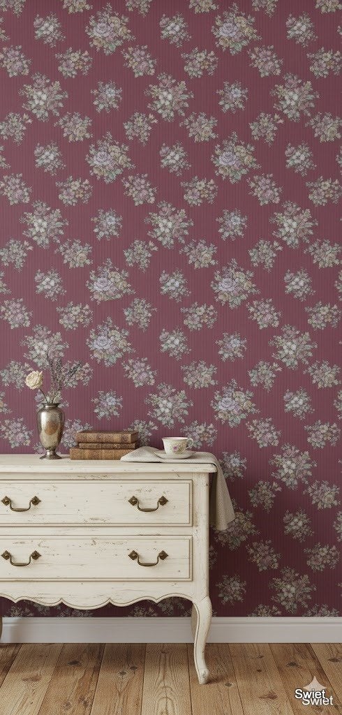 14247 vintage bloemen behang oudrozerood romantisch swiet, Ophalen of Verzenden