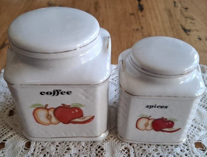Vintage porseleinen kruiden & koffie potje, appel afbeelding, Ophalen of Verzenden