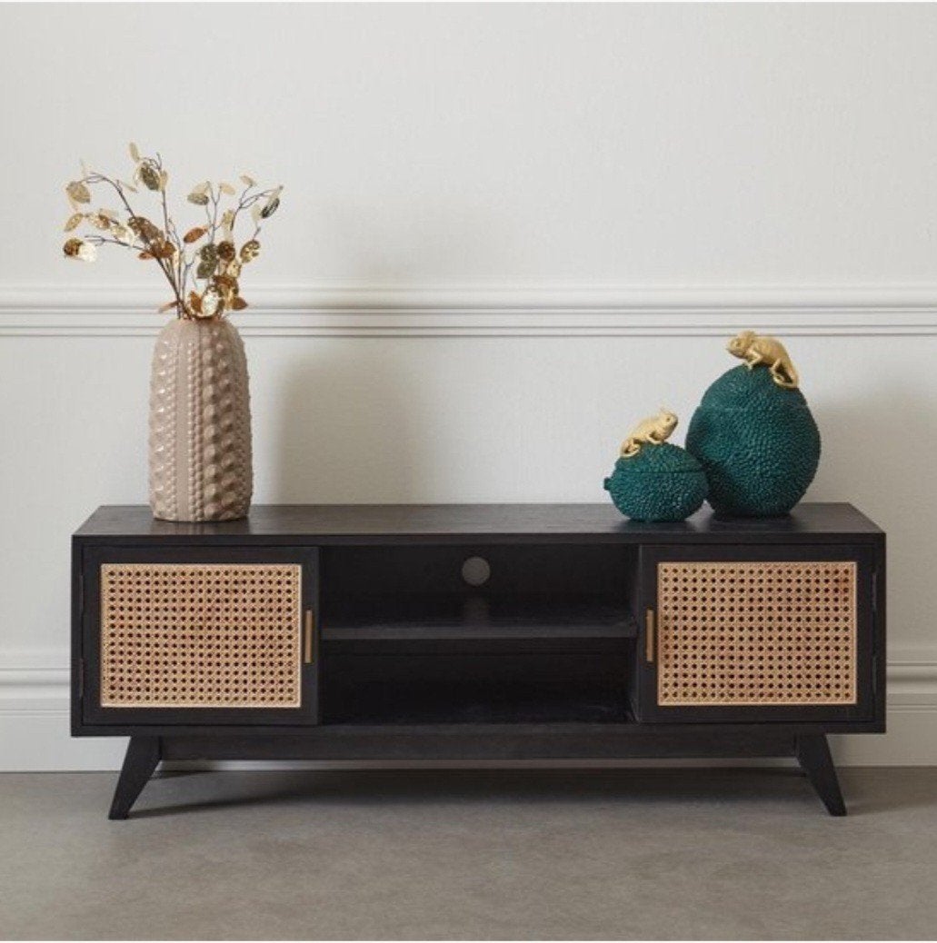 Zwart TV-meubel rotan deuren, Ophalen, Gebruikt, 100 tot 150 cm, Minder dan 100 cm