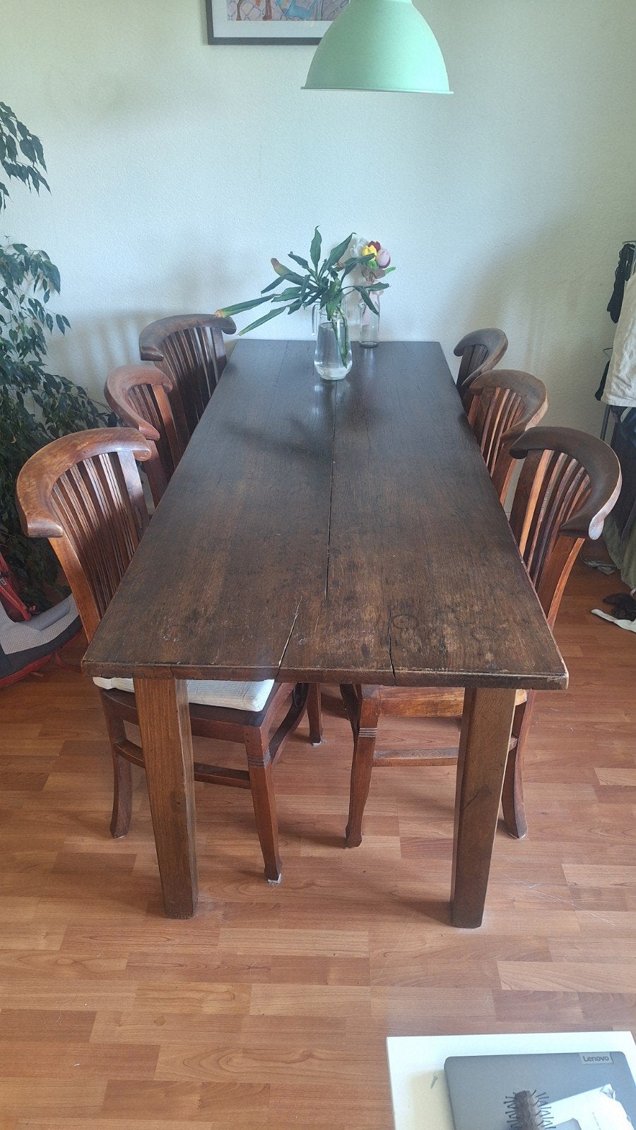 Robuuste houten eettafel met 6 stoelen, Ophalen, Gebruikt, 50 tot 100 cm, 150 tot 200 cm