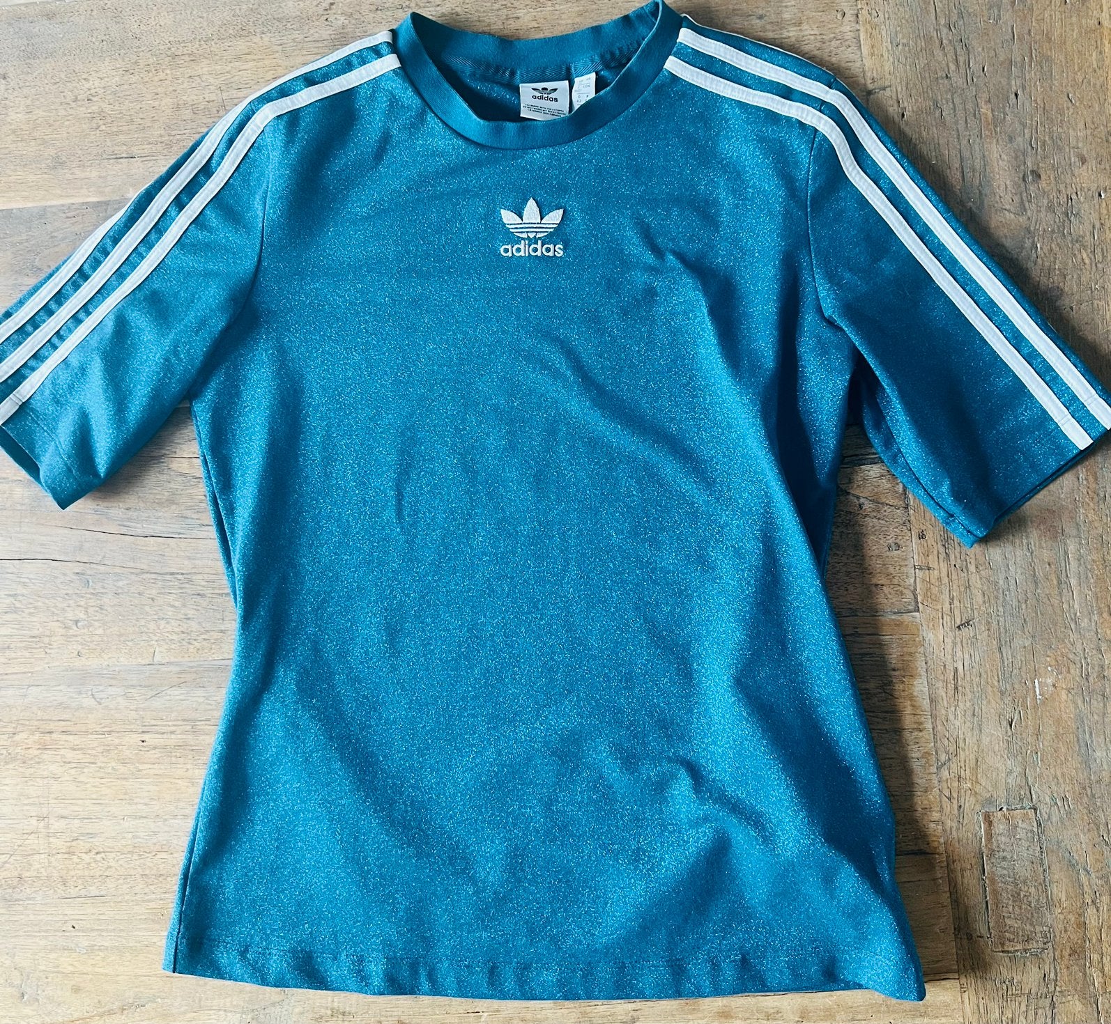 Adidas topje shirt maat S - petrol met glittertje, Ophalen of Verzenden, Zo goed als nieuw
