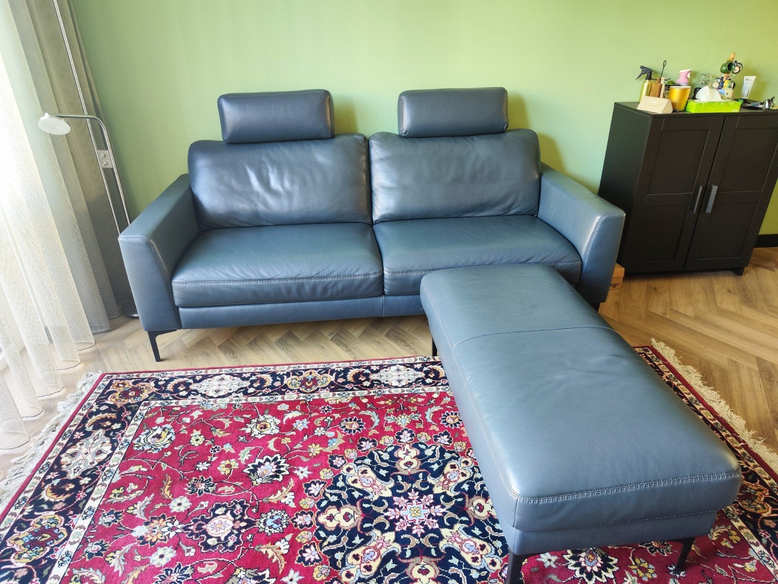Leren 2-zitsbank met hokker, ophalen in Spijkenisse, Ophalen, Gebruikt, 150 tot 200 cm, Tweepersoons