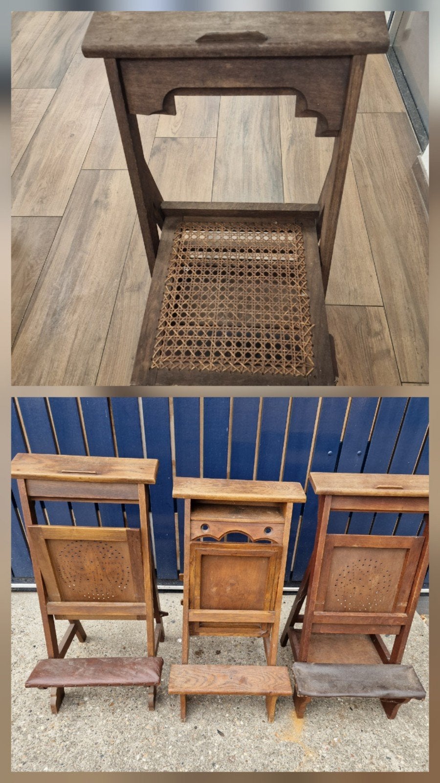 Antieke bidstoelen 4xbank tafel stoel kast dressboy brocante, Ophalen