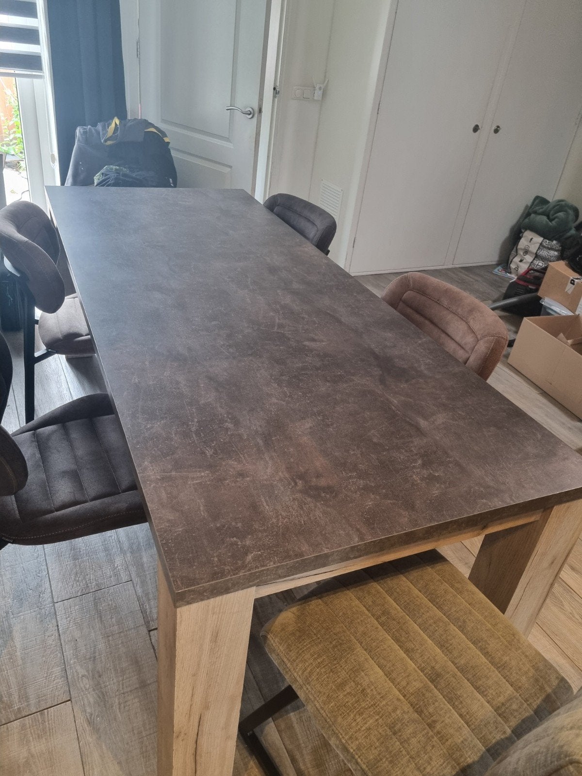 Eettafel met vierkante blokpoten - 210x90x79 cm, Ophalen, Gebruikt, 200 cm of meer, 50 tot 100 cm