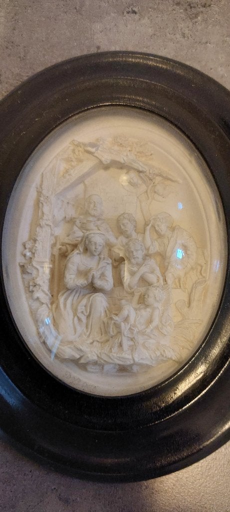 Brocante houten lijst met meerschuimen kerststal, Ophalen of Verzenden