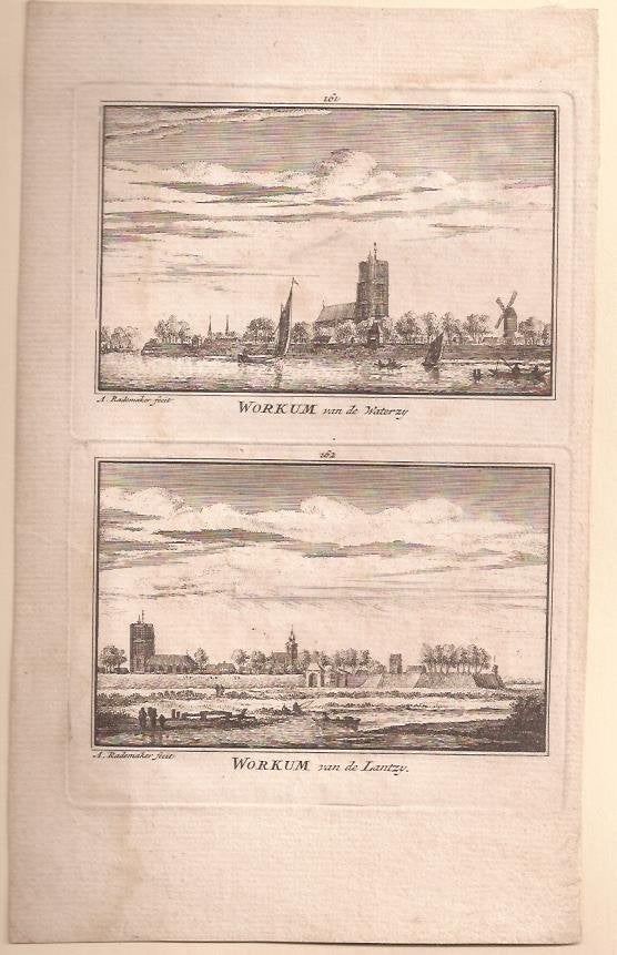 Woudrichem.Workum 2x aanzicht op blad.Kopergr. Abr.Rademaker, Antiek en Kunst, Kunst | Etsen en Gravures, 7 cm, Stadsgezicht, Met tekst