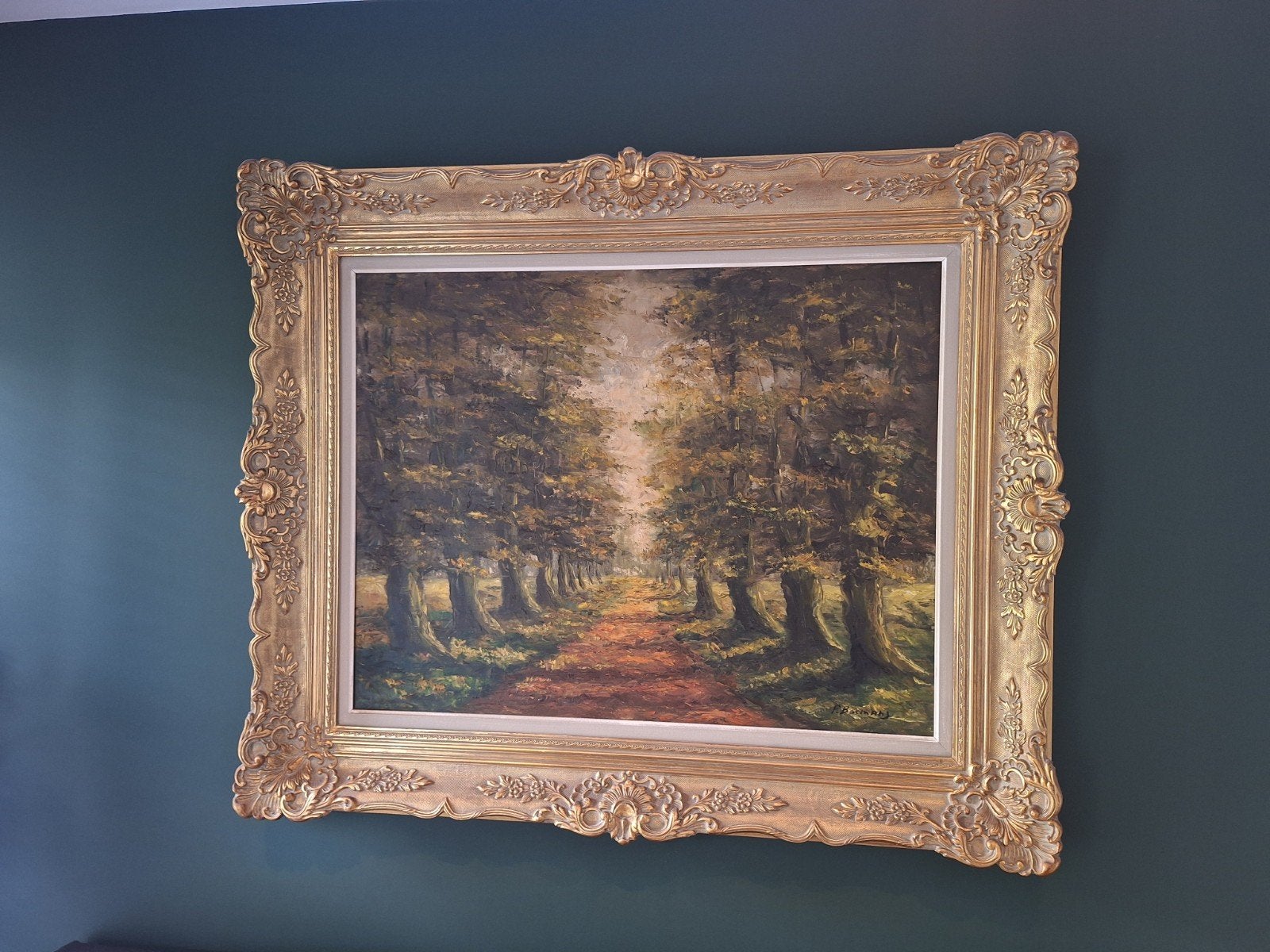 Groot olieverf schilderij met puntgave lijst, 120x100cm, Ophalen of Verzenden, Ingelijst, Olieverf, Landschap