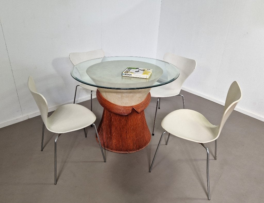 Vintage eettafel | Steen en riet | Jaren 70, Ophalen, Gebruikt, 100 tot 150 cm, -