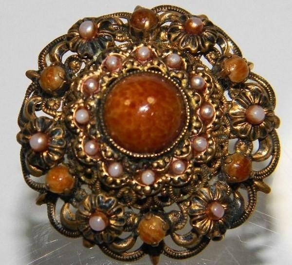 Oude Tsjechische filigrain broche met bruine stenen, parels, Ophalen, Zo goed als nieuw, Bruin, Overige materialen