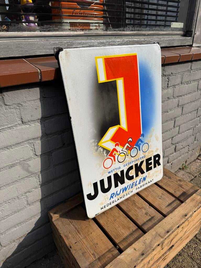 Vintage Juncker Rijwielen Emaille Reclamebord, Ophalen