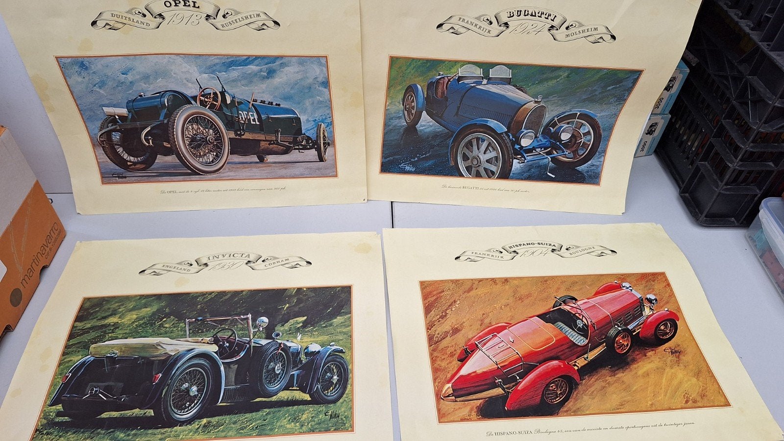Set van 4 autoposters: Opel, Bugatti, Invicta, Hispan, Verzamelen, Ophalen of Verzenden