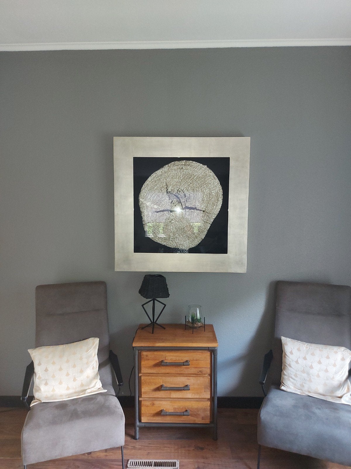 Unieke wanddecoratie: Houten schijf in rvs lijst, Ophalen, Gebruikt, Zilver, Hout